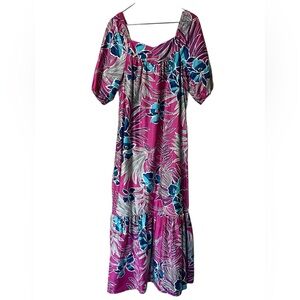 Hilo Hattie pink tropical floral maxi MuMu puff sleeve ruffle dress Hawaiian